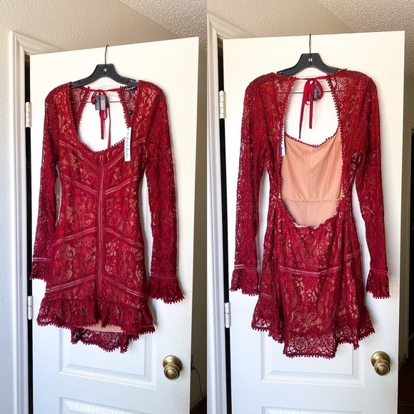 FLL Dress Emerie Lace Open Back Floral Paisley Long Sleeve Mini Burgundy L NWT - Picture 2 of 11